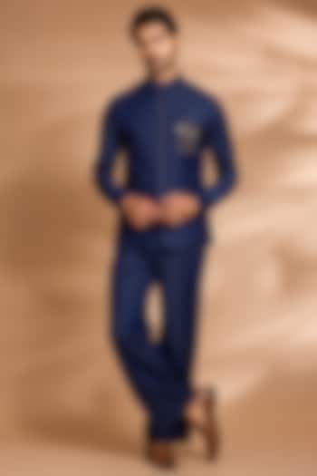 Deep Indigo Modal Denim Embroidered Wedding Bandhgala Set by Dhananjay at Pernia's Pop Up Shop