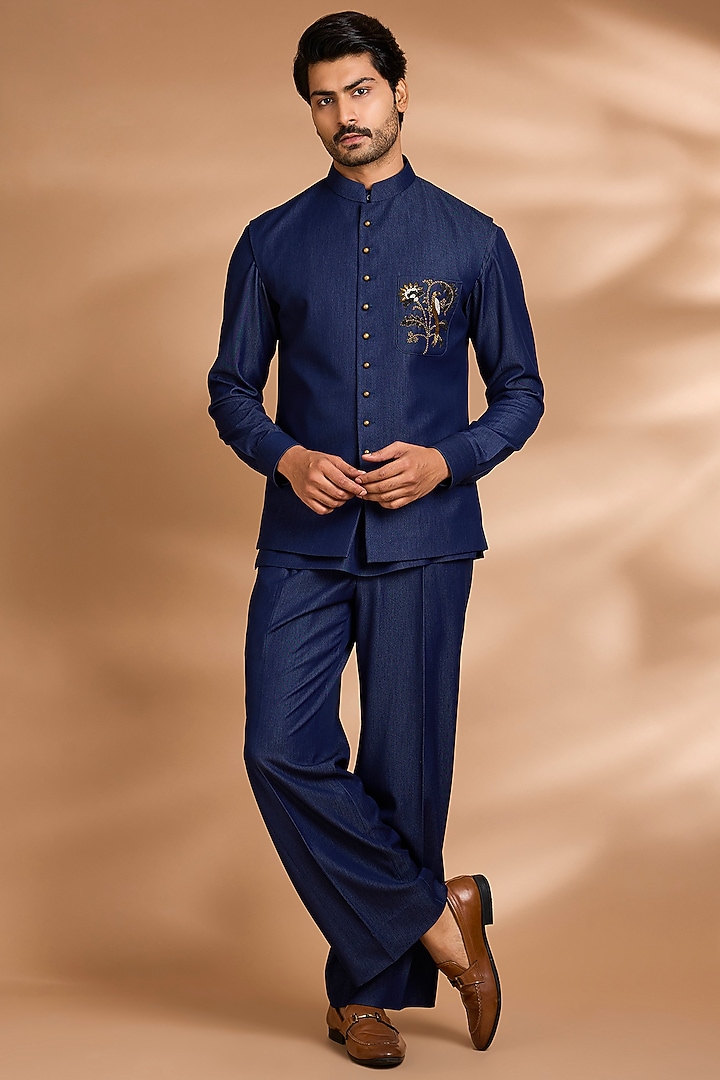 Deep Indigo Modal Denim Embroidered Wedding Bandhgala Set by Dhananjay at Pernia's Pop Up Shop