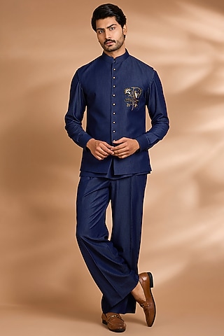 Deep Indigo Modal Denim Embroidered Bandhgala Set by Dhananjay