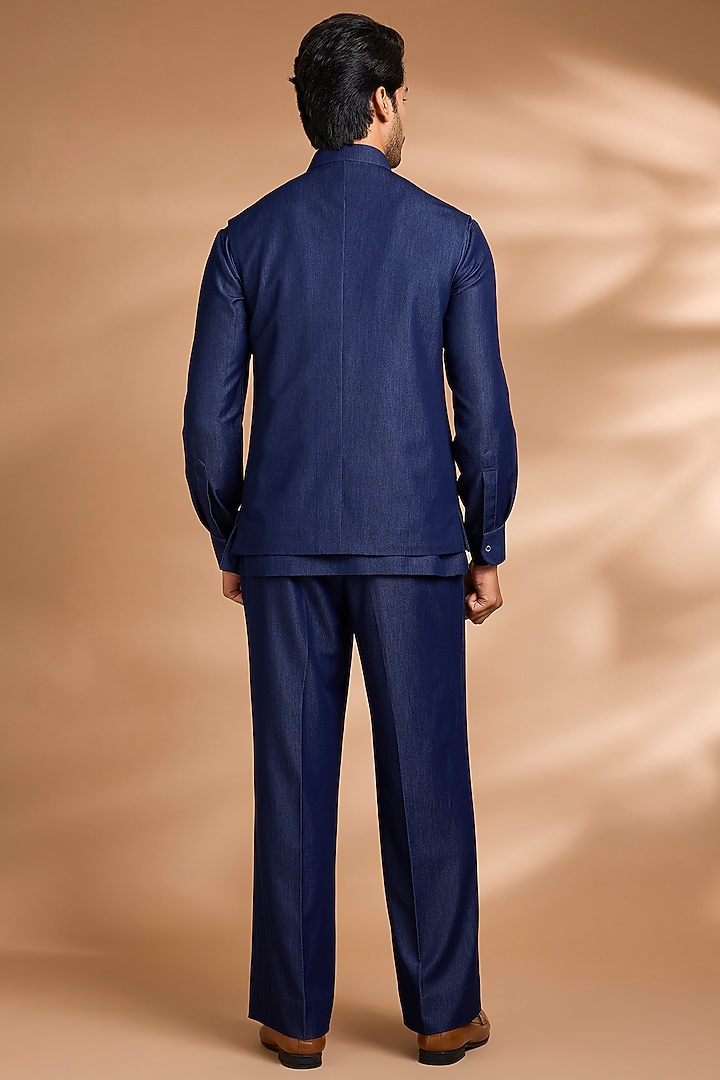 Deep Indigo Modal Denim Embroidered Wedding Bandhgala Set by Dhananjay at Pernia's Pop Up Shop