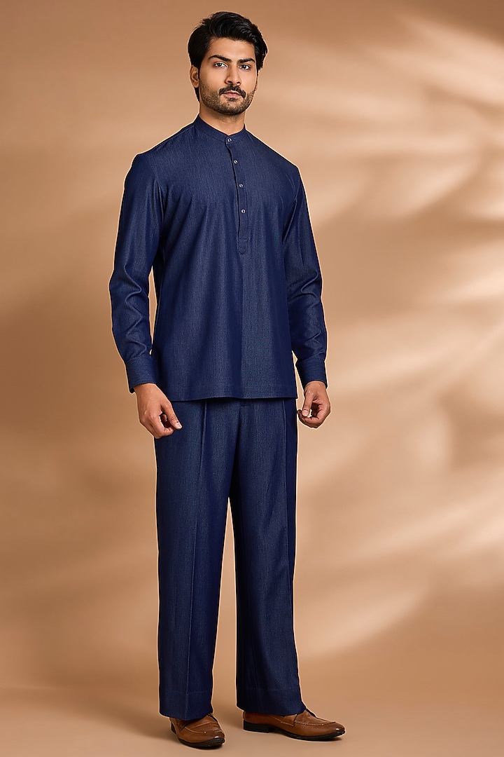 Deep Indigo Modal Denim Embroidered Wedding Bandhgala Set by Dhananjay at Pernia's Pop Up Shop
