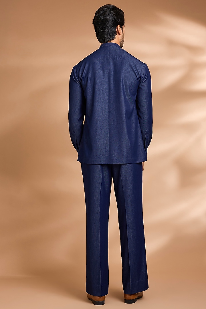 Deep Indigo Modal Denim Embroidered Wedding Bandhgala Set by Dhananjay at Pernia's Pop Up Shop