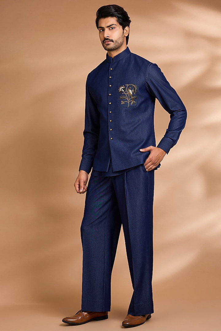 Deep Indigo Modal Denim Embroidered Wedding Bandhgala Set by Dhananjay at Pernia's Pop Up Shop
