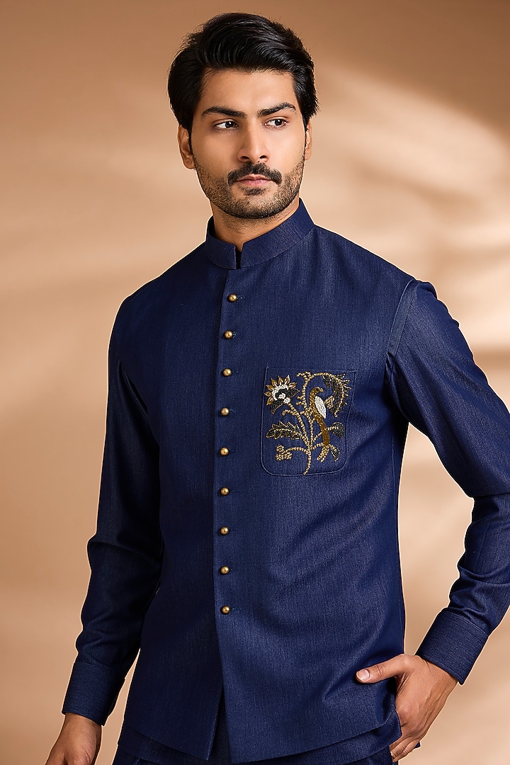 Deep Indigo Modal Denim Embroidered Wedding Bandhgala Set by Dhananjay at Pernia's Pop Up Shop