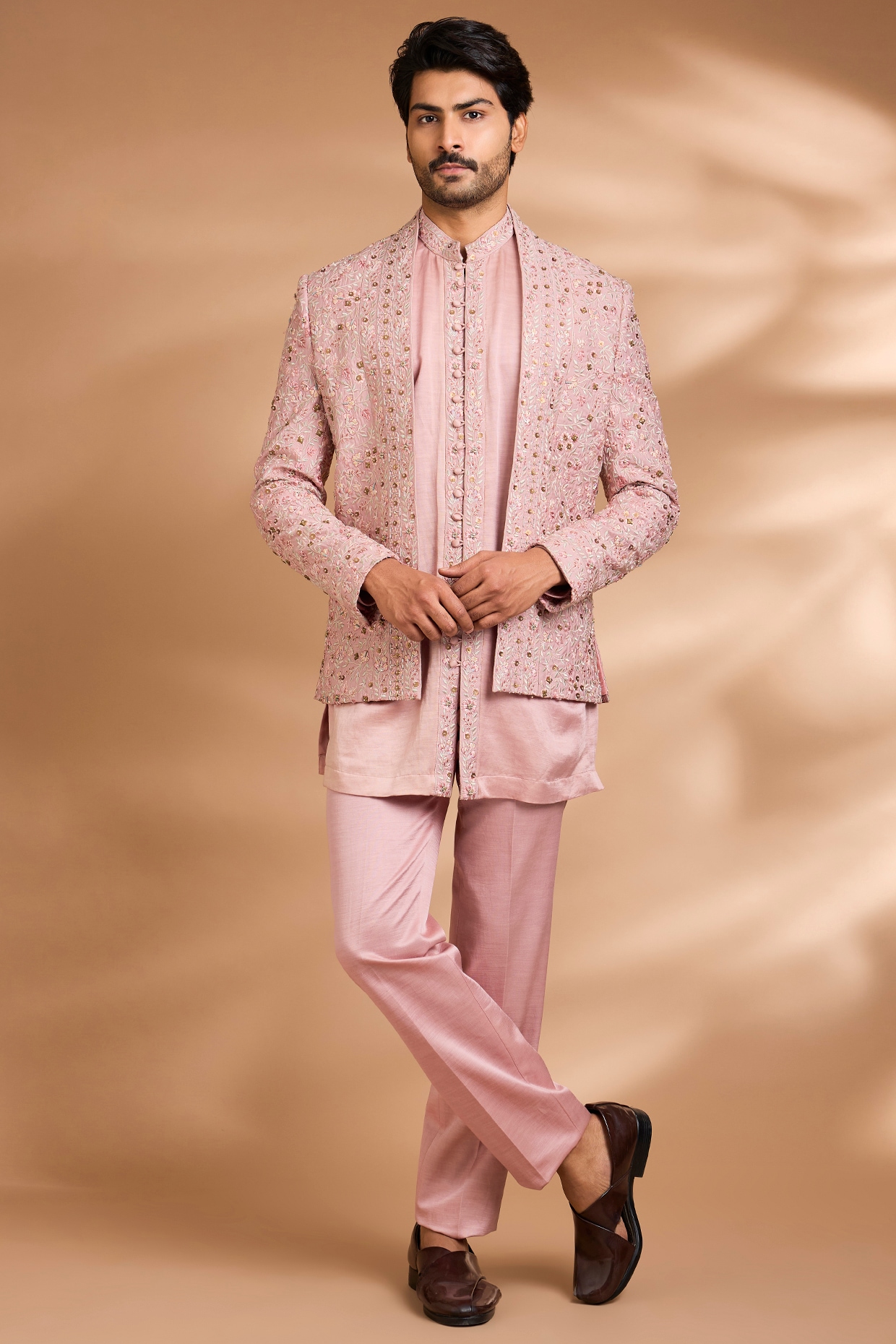 Dhananjay Pink Linen Silk Sequins Embroidered Indowestern Set