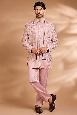 Pink Linen Silk Sequins Embroidered Indowestern Set by Dhananjay