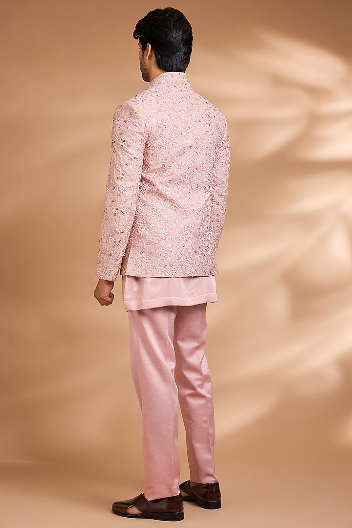 Pink Linen Silk Sequins Embroidered Wedding Indowestern Set by Dhananjay at Pernia's Pop Up Shop