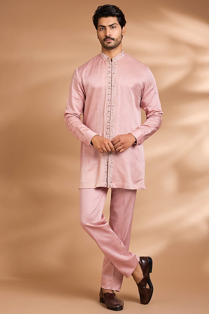 Pink Linen Silk Sequins Embroidered Wedding Indowestern Set by Dhananjay at Pernia's Pop Up Shop