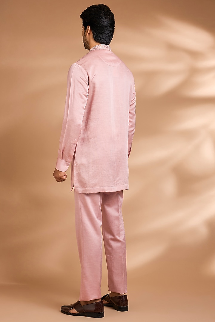 Pink Linen Silk Sequins Embroidered Wedding Indowestern Set by Dhananjay at Pernia's Pop Up Shop