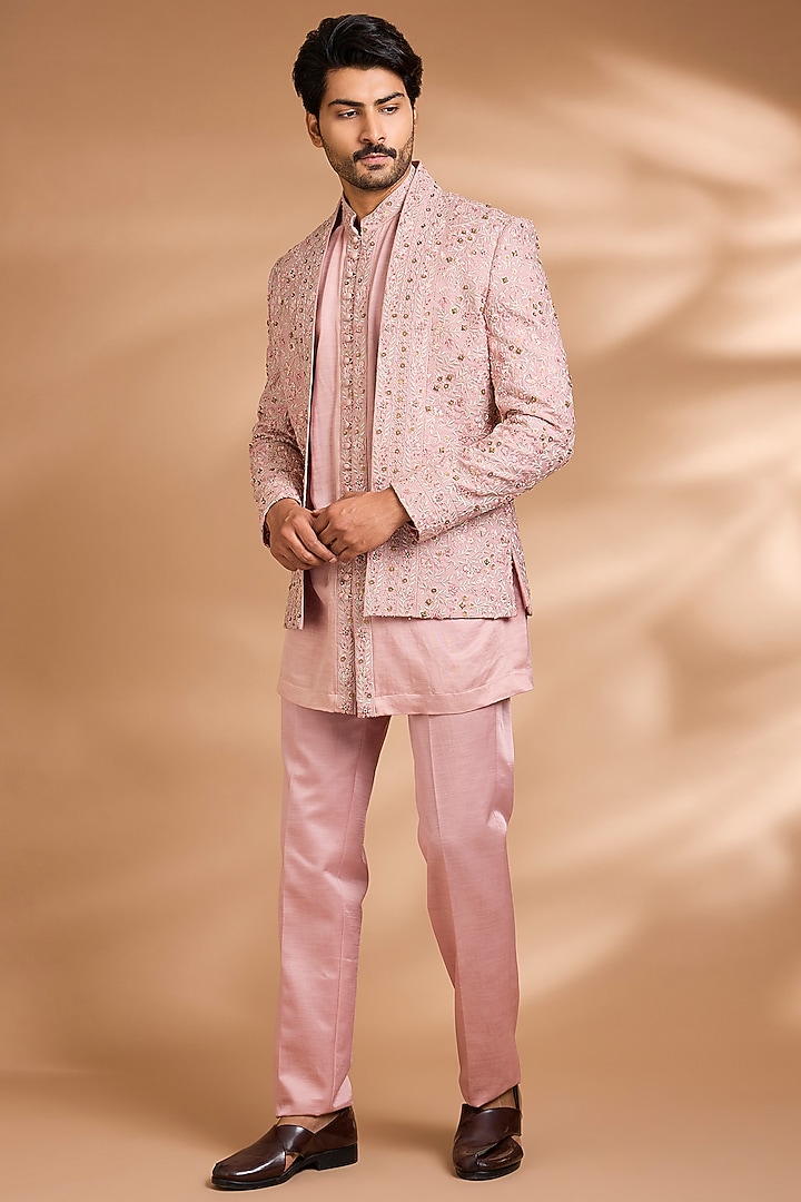Pink Linen Silk Sequins Embroidered Wedding Indowestern Set by Dhananjay at Pernia's Pop Up Shop