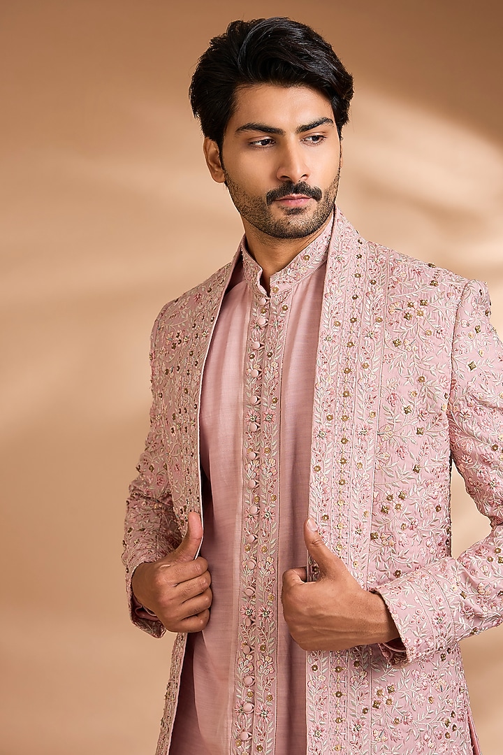 Pink Linen Silk Sequins Embroidered Wedding Indowestern Set by Dhananjay at Pernia's Pop Up Shop
