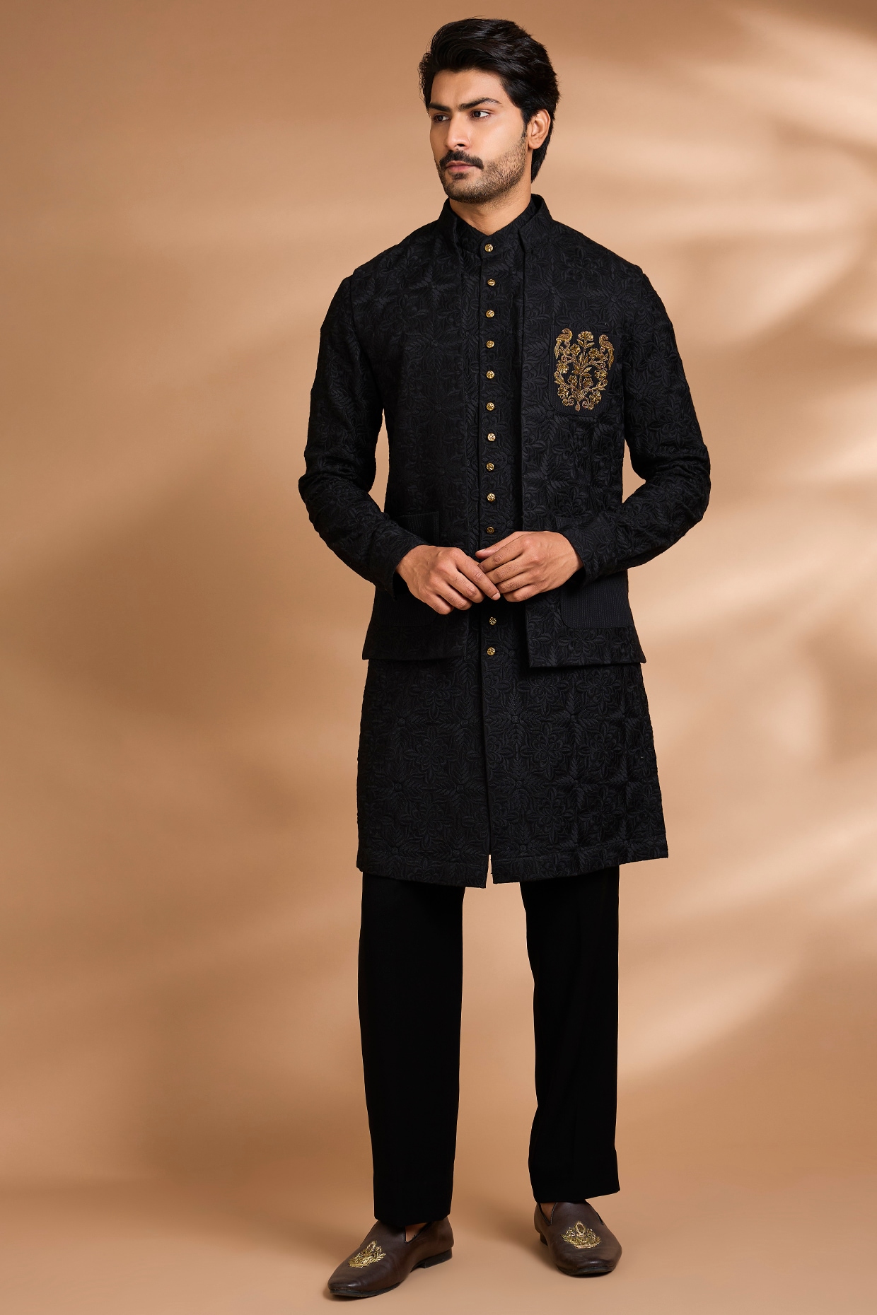Dhananjay Black Cotton Linen Embroidered Jacket Set