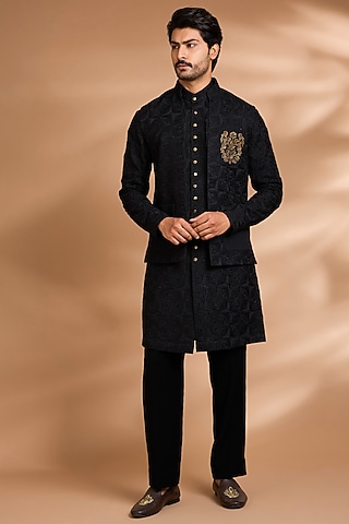 Black Cotton Linen Embroidered Jacket Set by Dhananjay