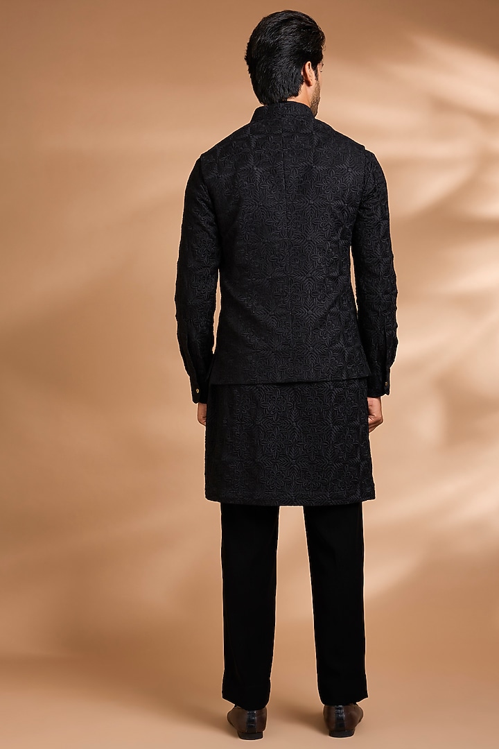 Black Cotton Linen Embroidered Jacket Set by Dhananjay at Pernia's Pop Up Shop