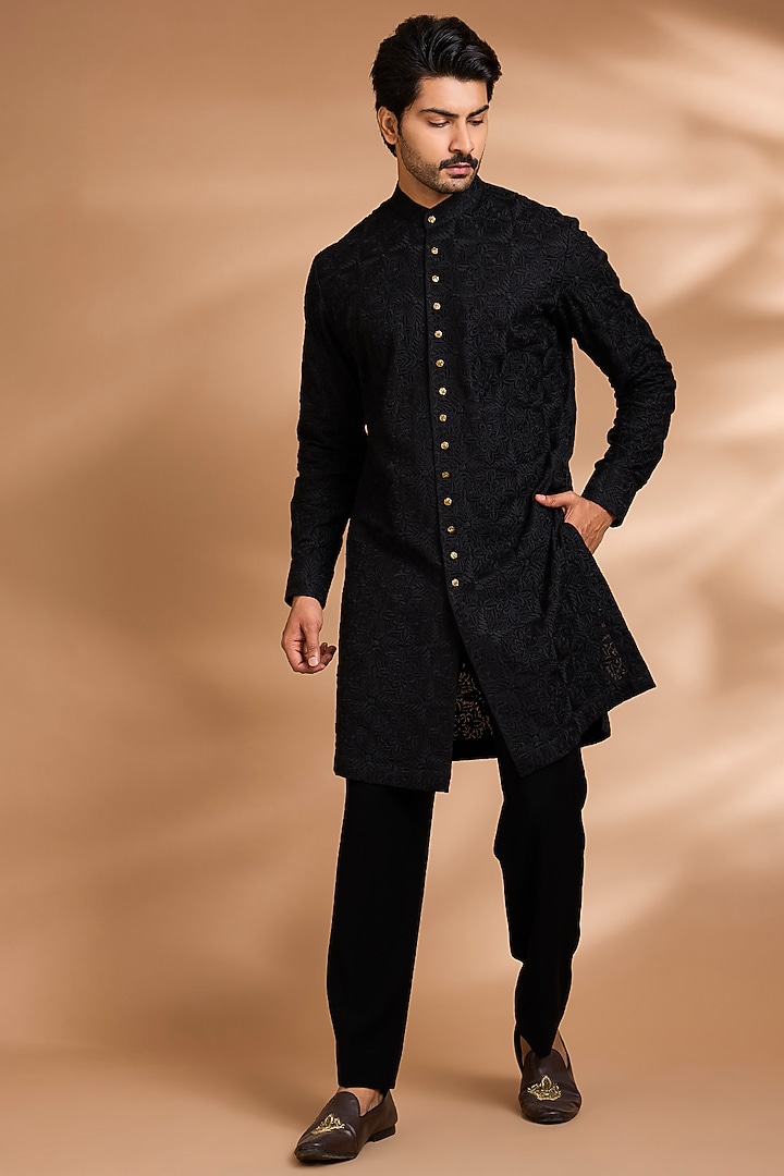 Black Cotton Linen Embroidered Jacket Set by Dhananjay at Pernia's Pop Up Shop