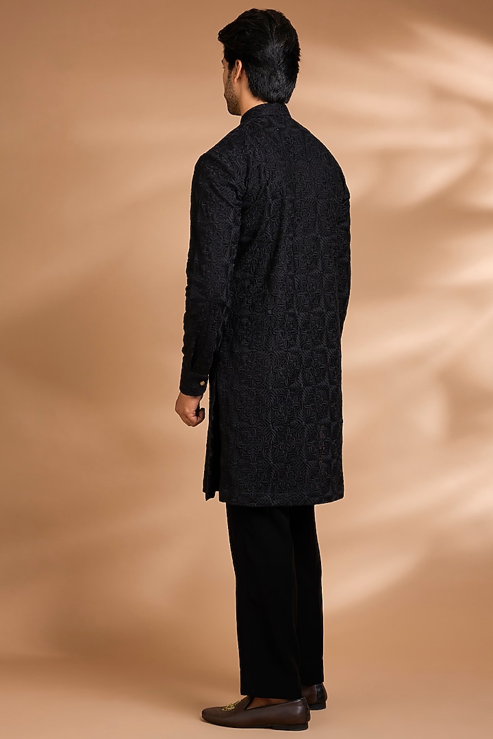 Black Cotton Linen Embroidered Jacket Set by Dhananjay at Pernia's Pop Up Shop