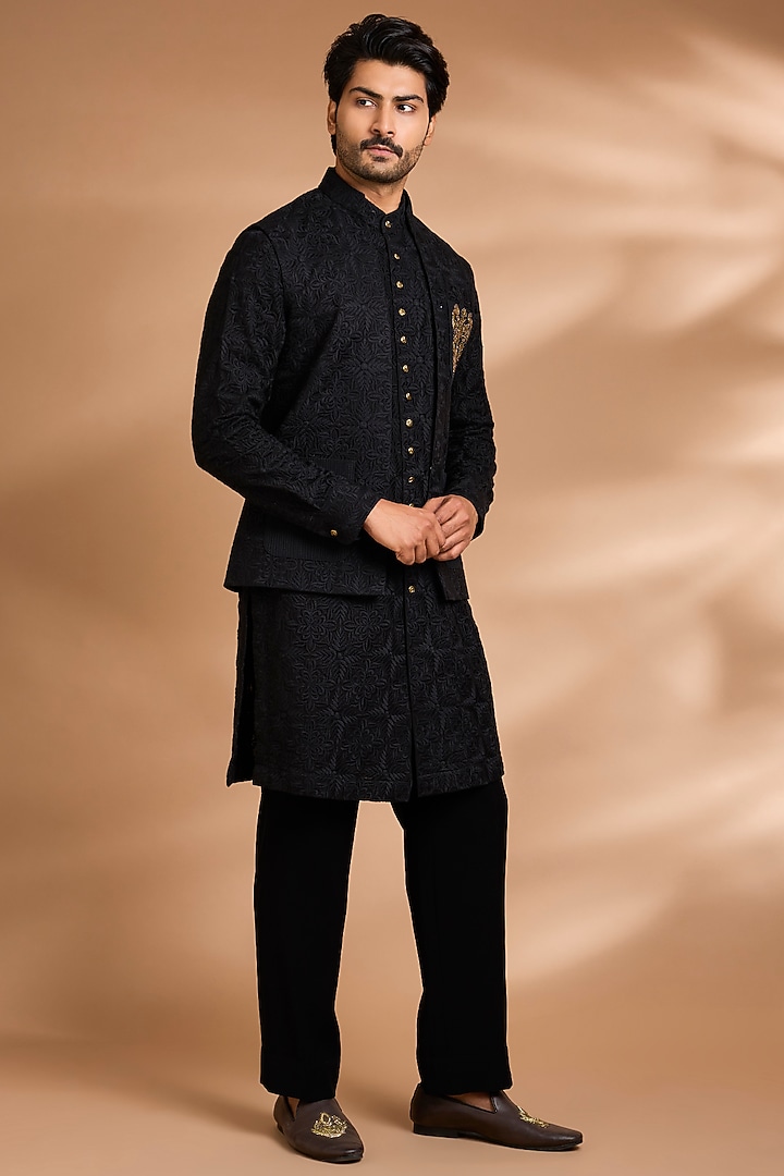 Black Cotton Linen Embroidered Jacket Set by Dhananjay at Pernia's Pop Up Shop