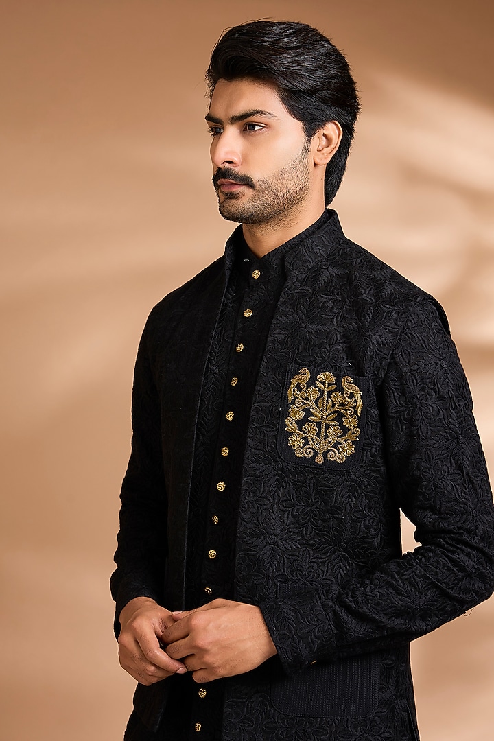 Black Cotton Linen Embroidered Jacket Set by Dhananjay at Pernia's Pop Up Shop