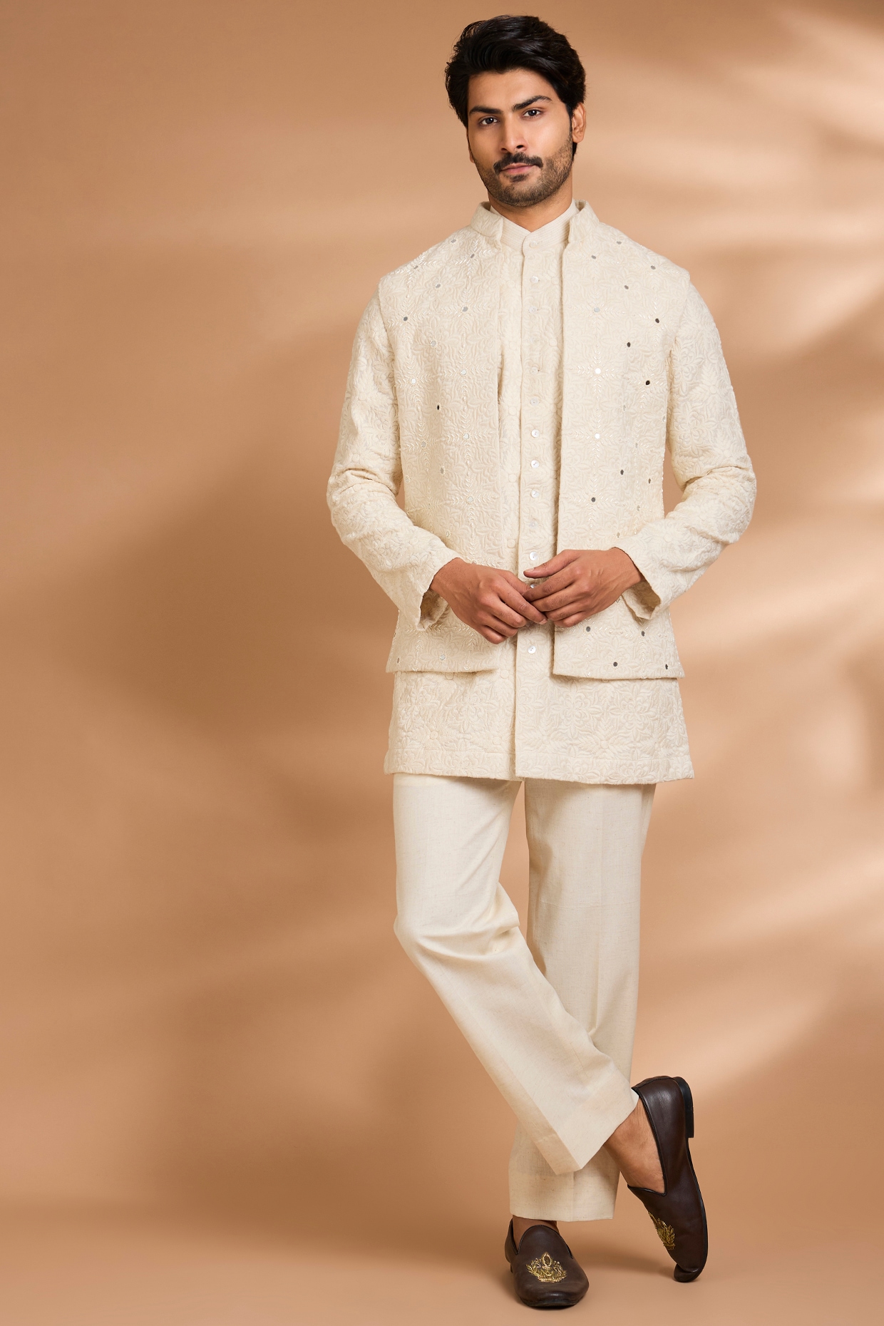 Dhananjay Ivory Cotton Linen Embellished Jacket Set
