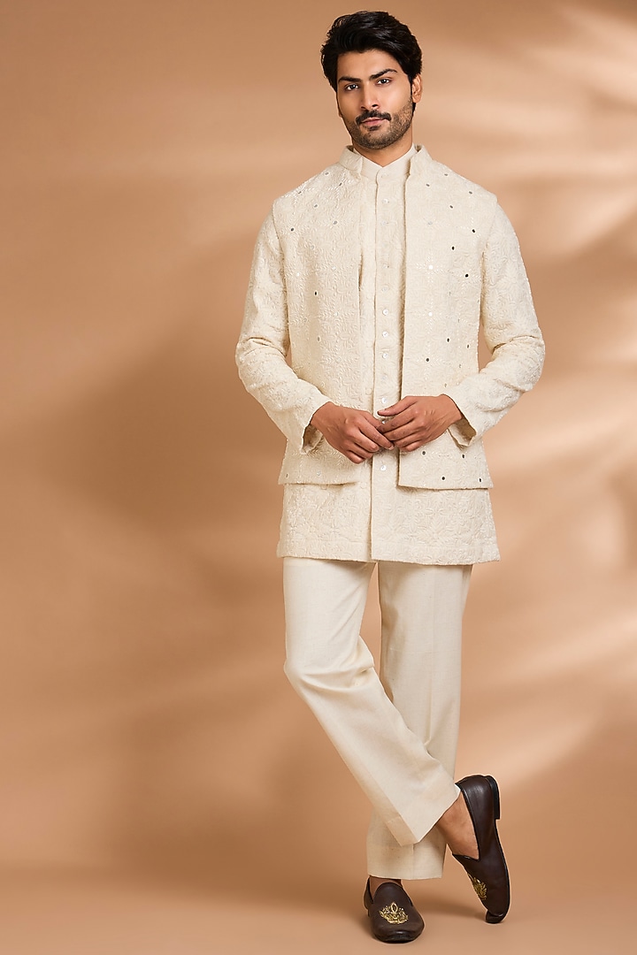 Ivory Cotton Linen Embellished Jacket Set by Dhananjay at Pernia's Pop Up Shop