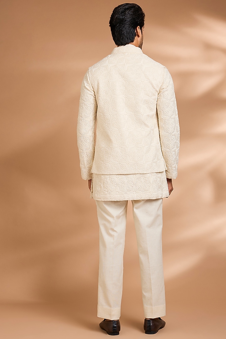 Ivory Cotton Linen Embellished Jacket Set by Dhananjay at Pernia's Pop Up Shop