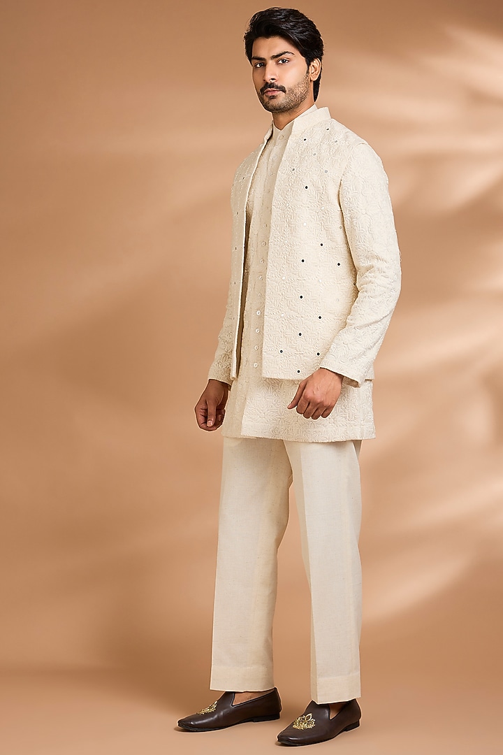 Ivory Cotton Linen Embellished Jacket Set by Dhananjay at Pernia's Pop Up Shop