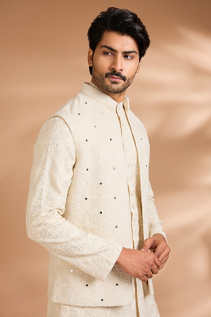 Ivory Cotton Linen Embellished Jacket Set by Dhananjay at Pernia's Pop Up Shop