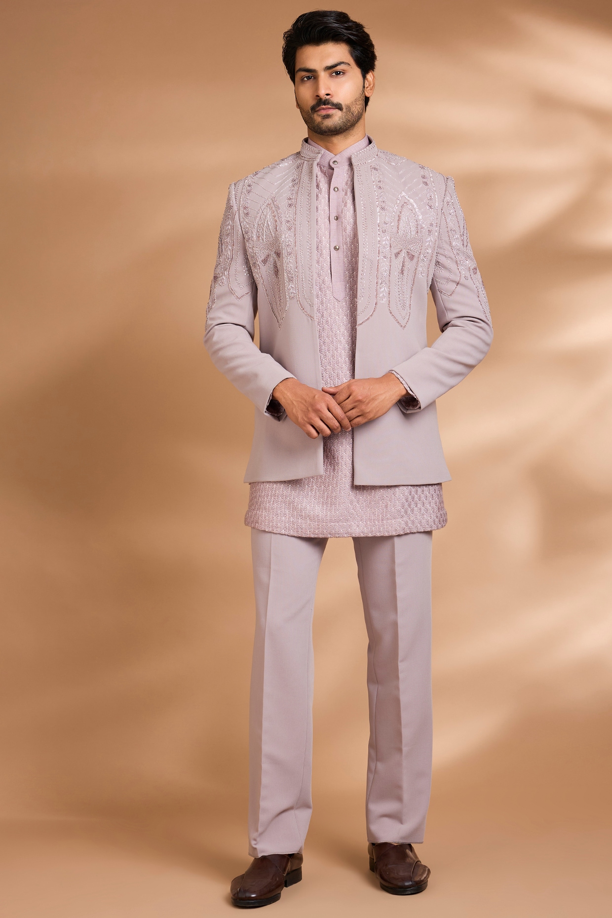 Dhananjay Lavender Polynosic Fabric Embroidered Indowestern Set