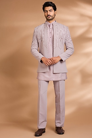 Lavender Polynosic Fabric Embroidered Indowestern Set by Dhananjay