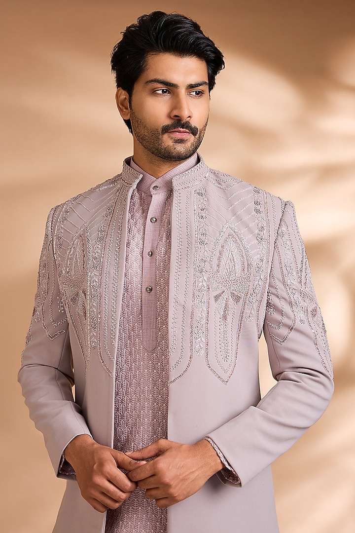 Lavender Polynosic Fabric Embroidered Wedding Indowestern Set by Dhananjay at Pernia's Pop Up Shop