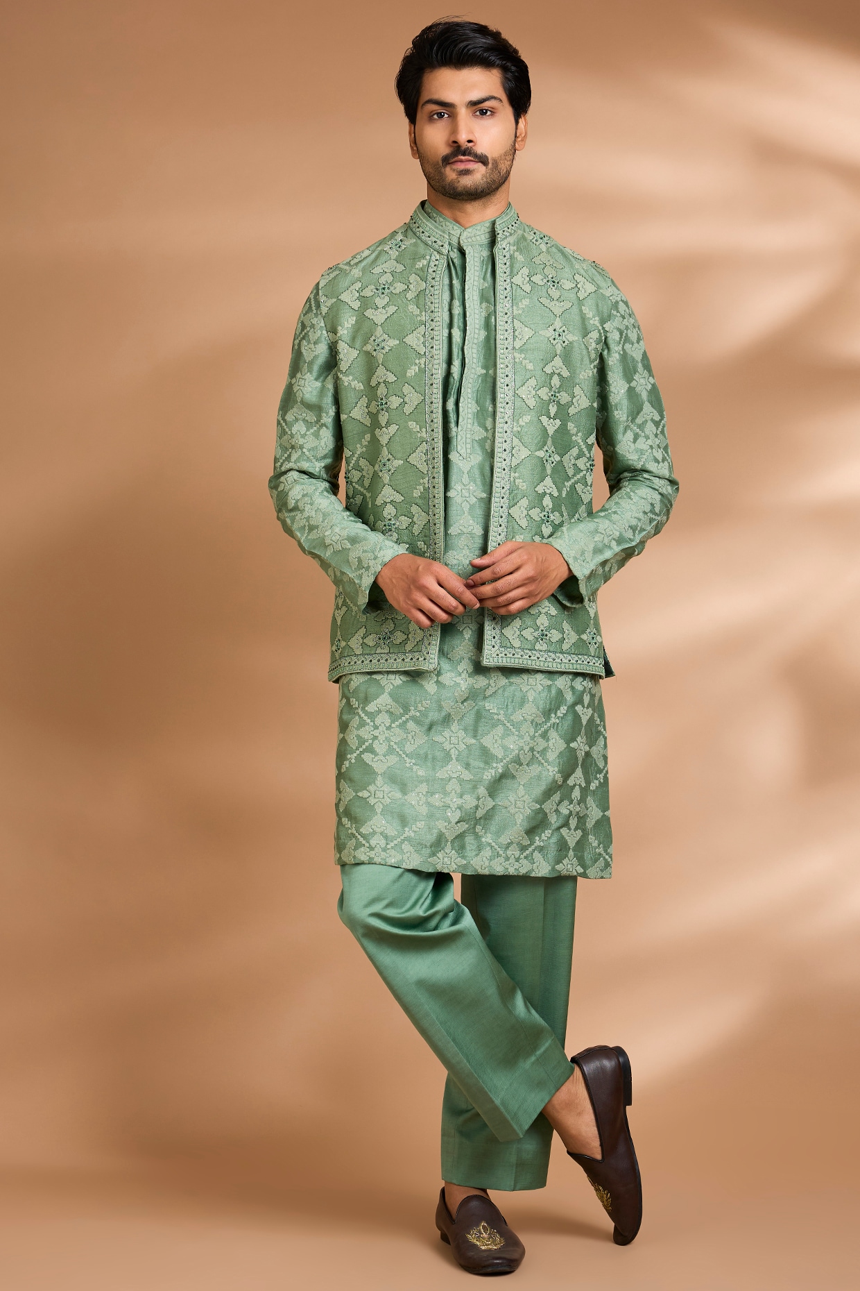 Dhananjay Green Silk Rayon Embroidered Jacket Set