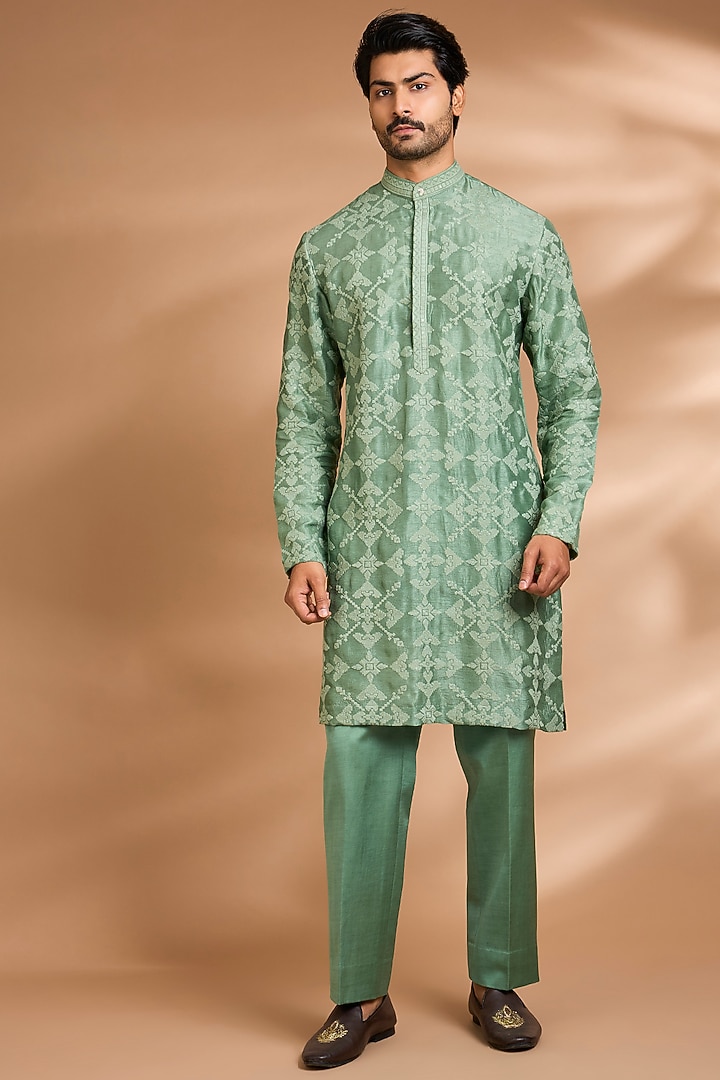 Green Silk Rayon Embroidered Jacket Set by Dhananjay at Pernia's Pop Up Shop