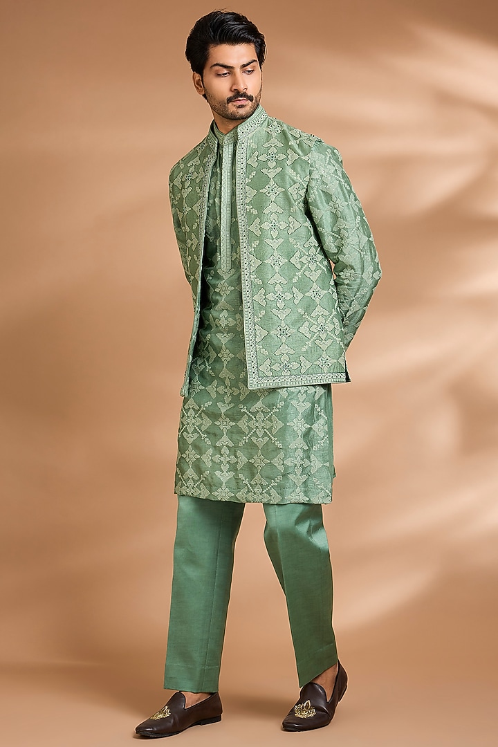 Green Silk Rayon Embroidered Jacket Set by Dhananjay at Pernia's Pop Up Shop