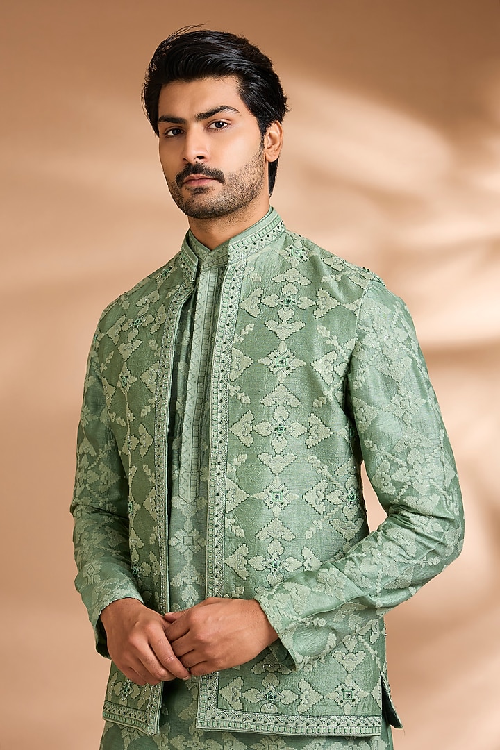 Green Silk Rayon Embroidered Jacket Set by Dhananjay at Pernia's Pop Up Shop