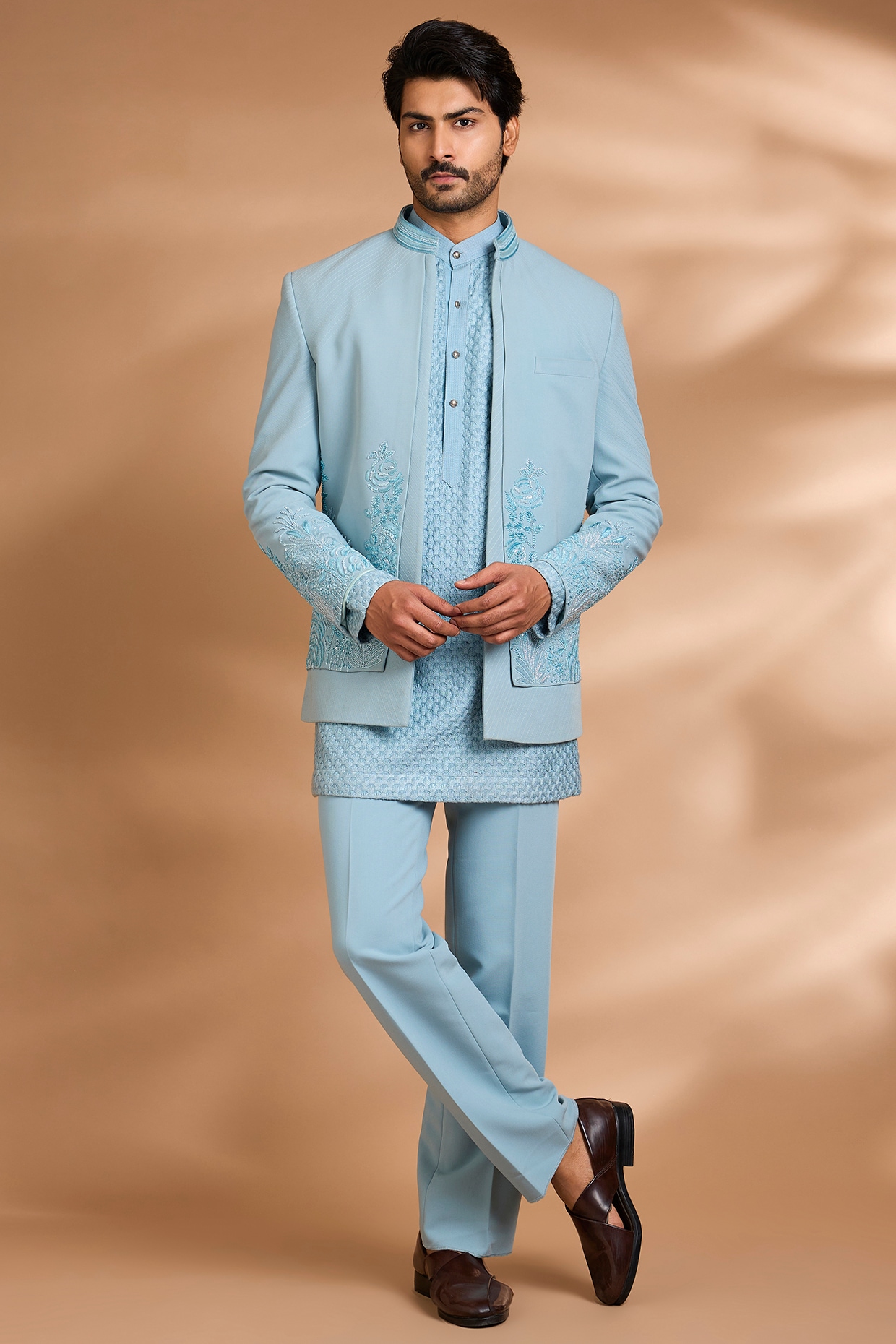 Dhananjay Sky Blue Polynosic Fabric Embroidered Indowestern Set