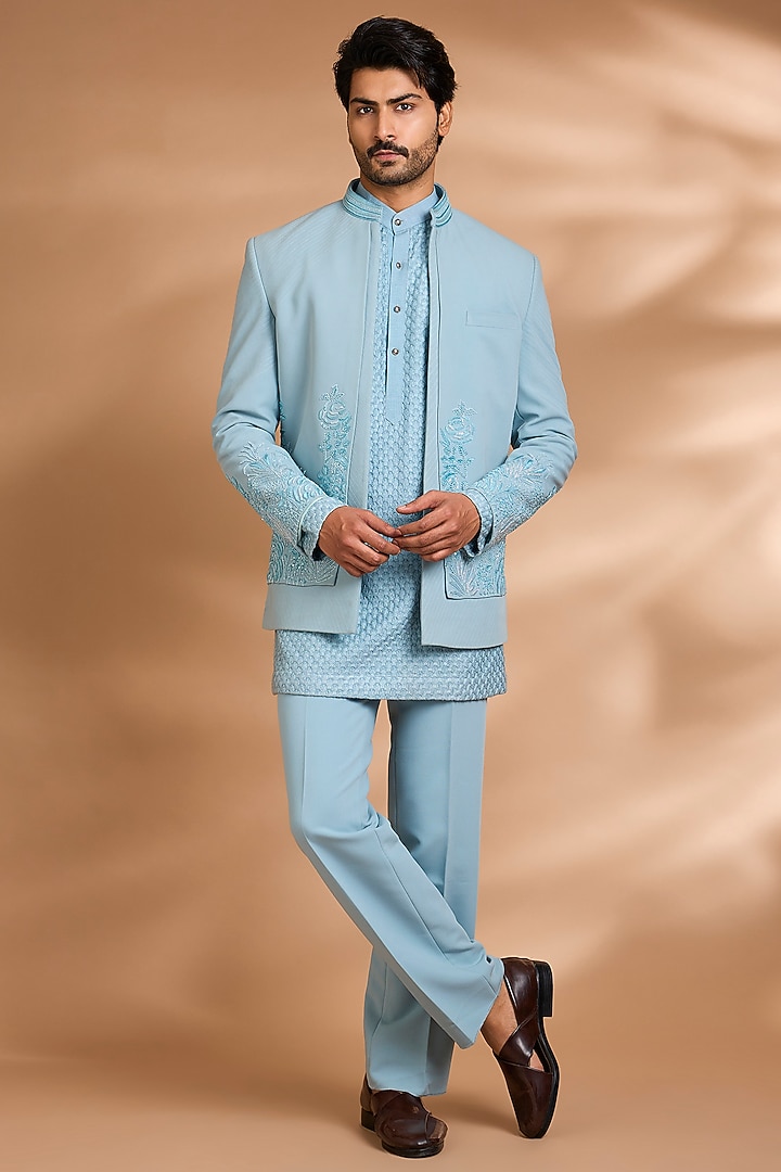 Sky Blue Polynosic Fabric Embroidered Wedding Indowestern Set by Dhananjay at Pernia's Pop Up Shop