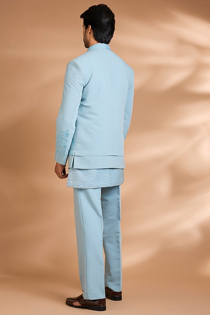 Sky Blue Polynosic Fabric Embroidered Wedding Indowestern Set by Dhananjay at Pernia's Pop Up Shop