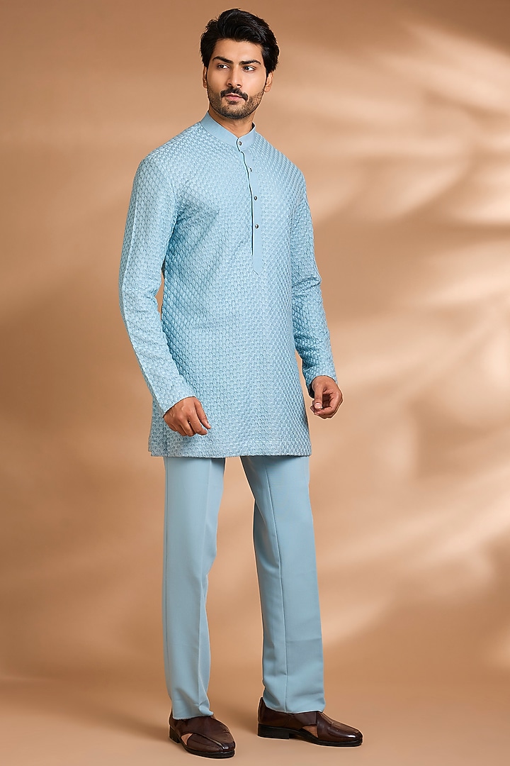 Sky Blue Polynosic Fabric Embroidered Wedding Indowestern Set by Dhananjay at Pernia's Pop Up Shop