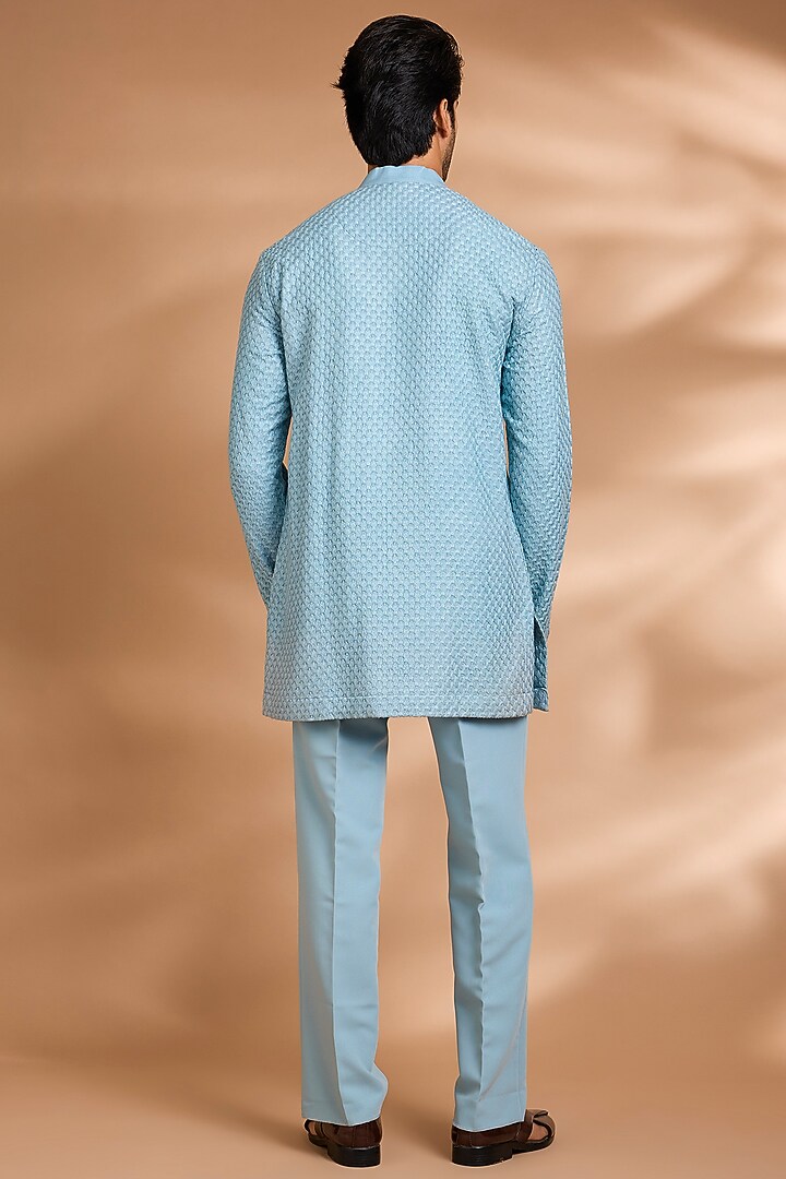 Sky Blue Polynosic Fabric Embroidered Wedding Indowestern Set by Dhananjay at Pernia's Pop Up Shop