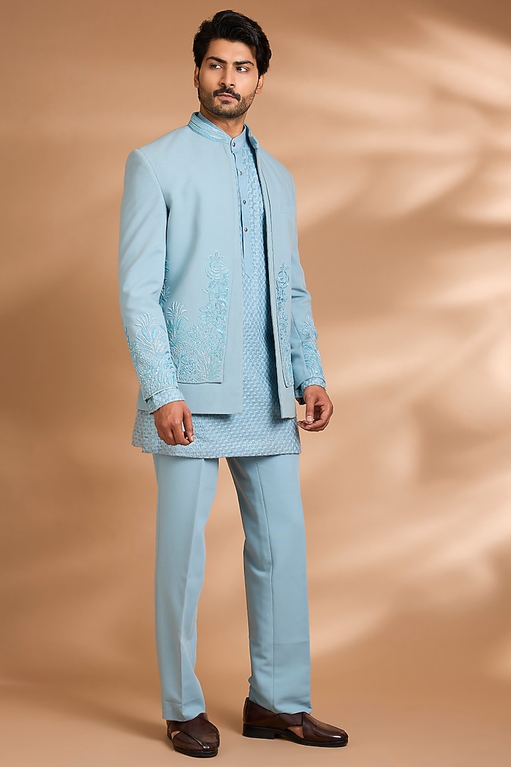 Sky Blue Polynosic Fabric Embroidered Wedding Indowestern Set by Dhananjay at Pernia's Pop Up Shop