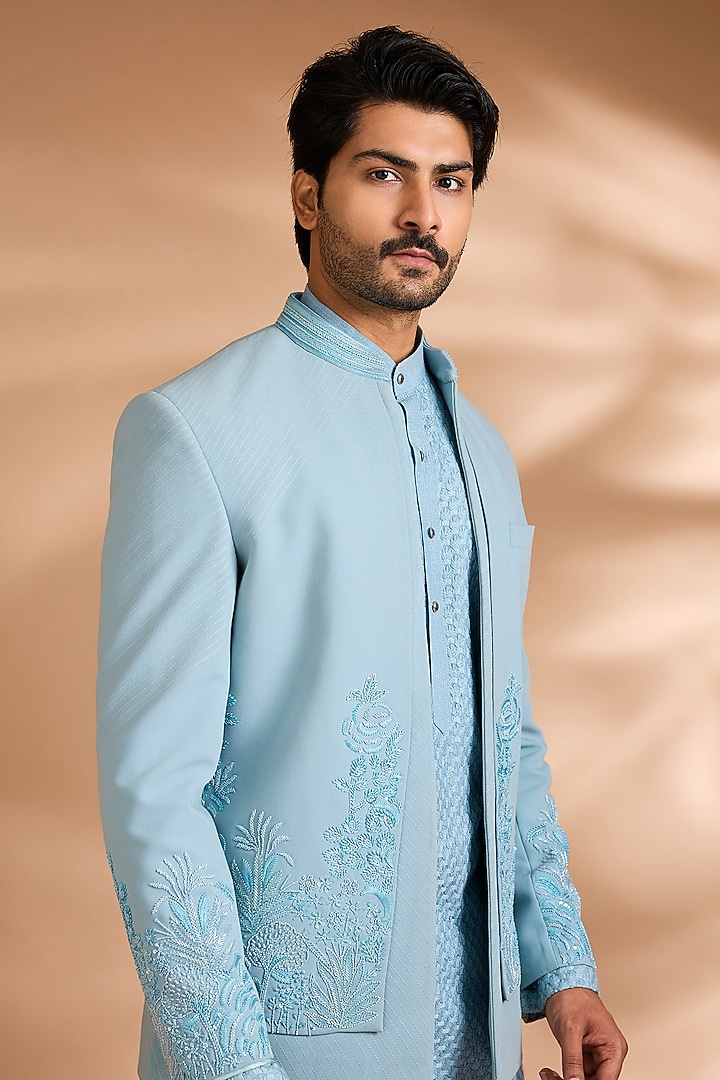 Sky Blue Polynosic Fabric Embroidered Wedding Indowestern Set by Dhananjay at Pernia's Pop Up Shop