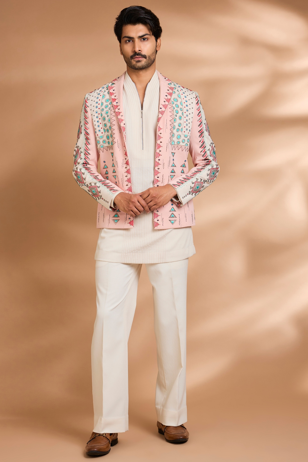 Dhananjay Cream Polynosic Fabric Embroidered Bomber Jacket Set