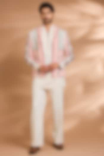 Cream Polynosic Fabric Embroidered Bomber Jacket Set by Dhananjay at Pernia's Pop Up Shop