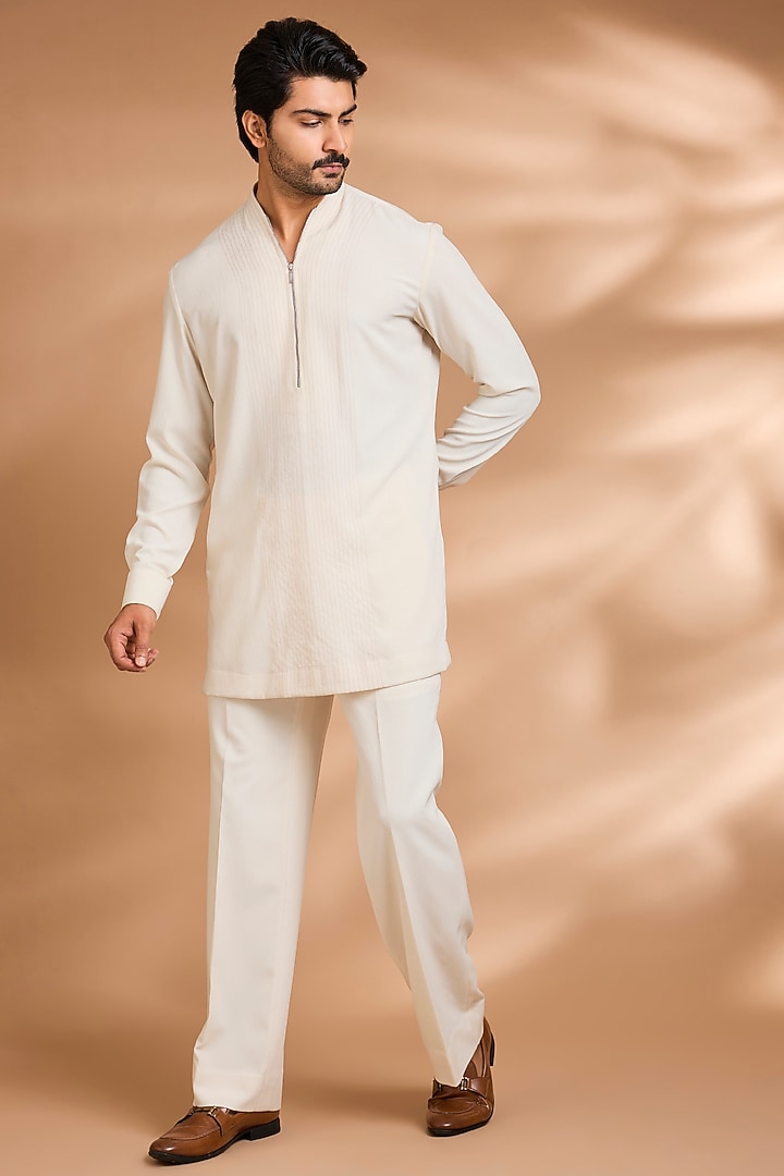 Cream Polynosic Fabric Embroidered Bomber Jacket Set by Dhananjay at Pernia's Pop Up Shop