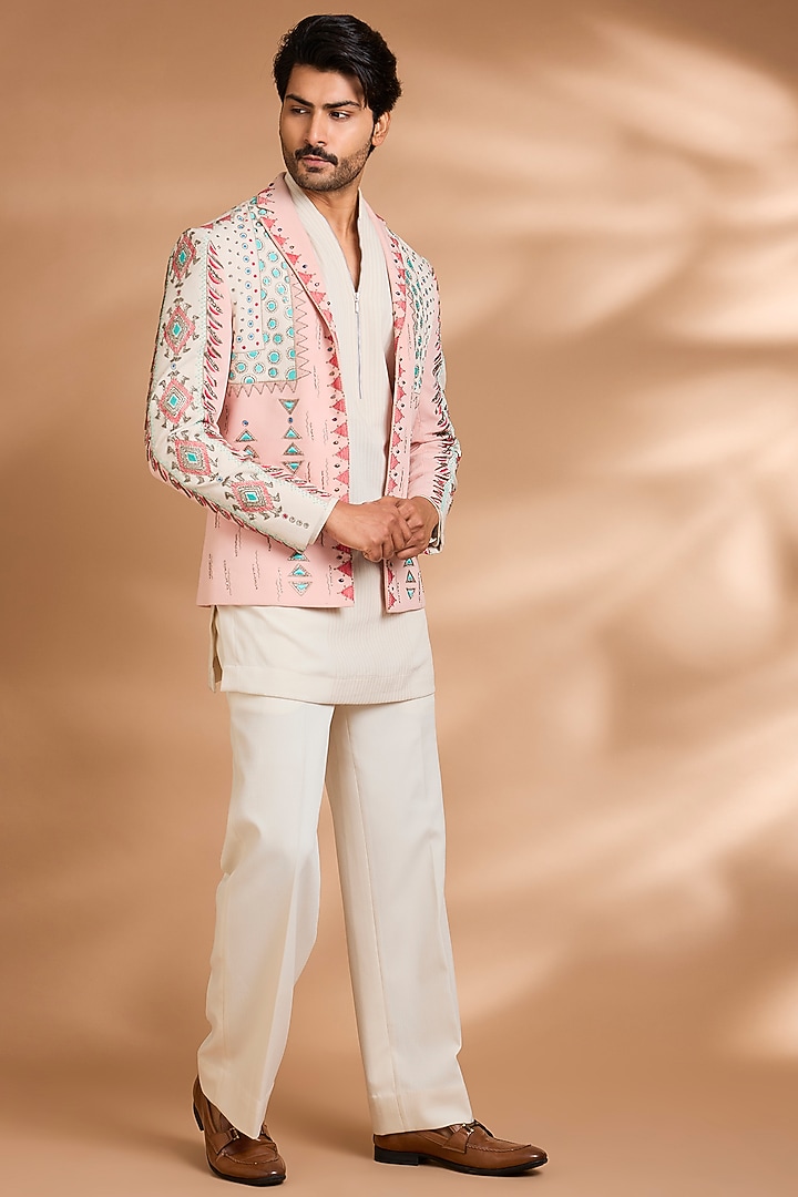 Cream Polynosic Fabric Embroidered Bomber Jacket Set by Dhananjay at Pernia's Pop Up Shop