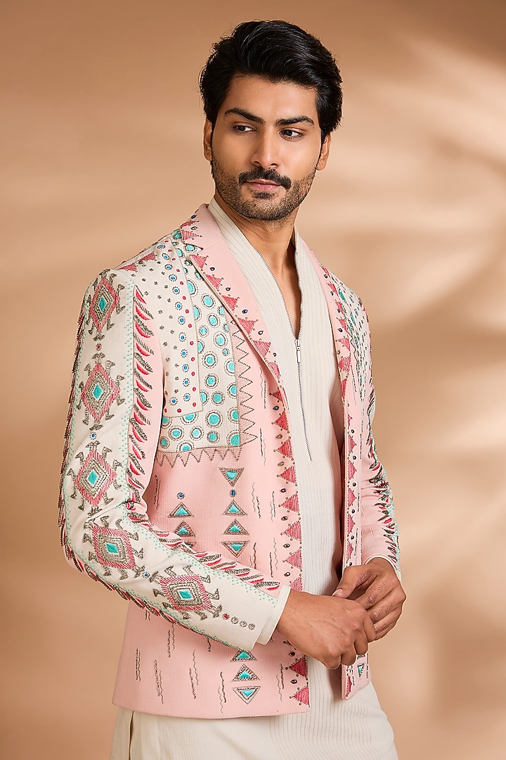 Cream Polynosic Fabric Embroidered Bomber Jacket Set by Dhananjay at Pernia's Pop Up Shop