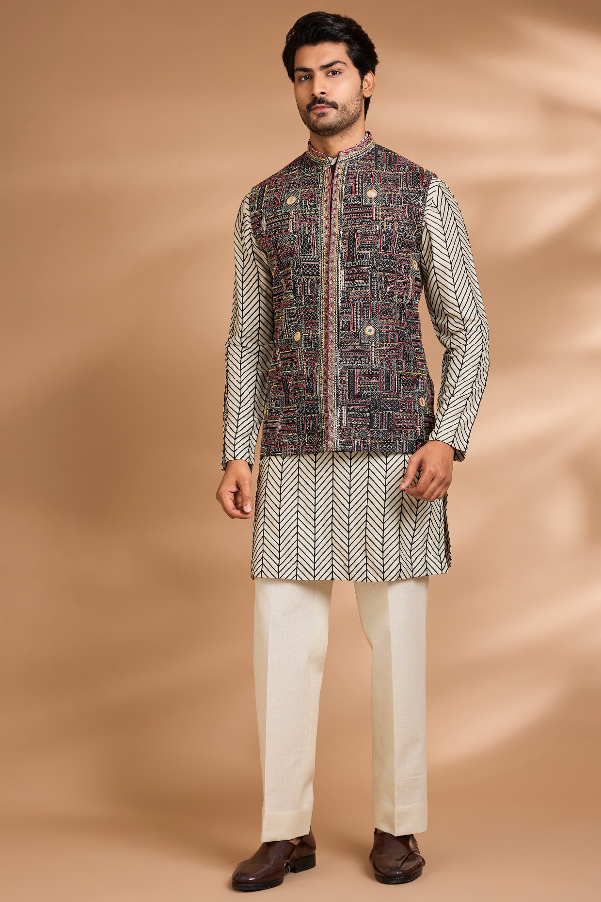 Dhananjay Black & Cream Silk Rayon Embroidered Bundi Jacket Set
