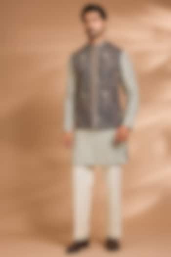 Black & Cream Silk Rayon Embroidered Bundi Jacket Set by Dhananjay at Pernia's Pop Up Shop