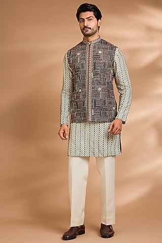 Black & Cream Silk Rayon Embroidered Bundi Jacket Set by Dhananjay