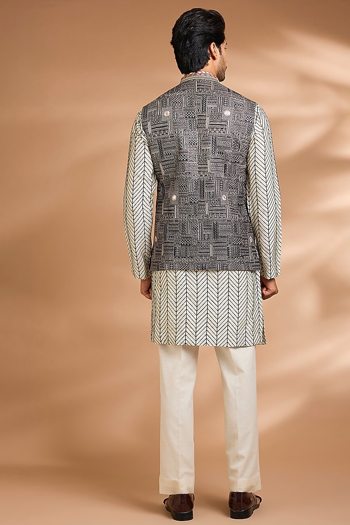 Black & Cream Silk Rayon Embroidered Bundi Jacket Set by Dhananjay at Pernia's Pop Up Shop